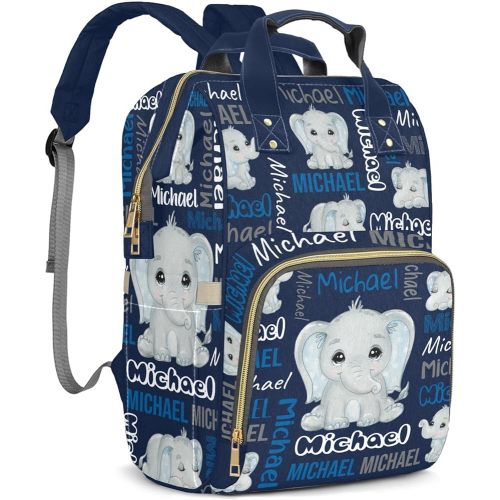 Cute Elephant Custom Baby Boy Diaper Bag Backpack - Multi-Function Personalized Name Nappy Backpack for Newborn Infant with Thermal Pockets, Mom Customized Nursing Bag Travel Daypack