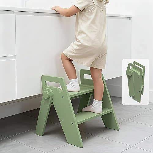 Wooden 2 Step Stool for Kids Bathroom Foldable 2-Step for Toilet Potty Training, Child Stepping Stool for Kitchen Nursery Bedroom Green