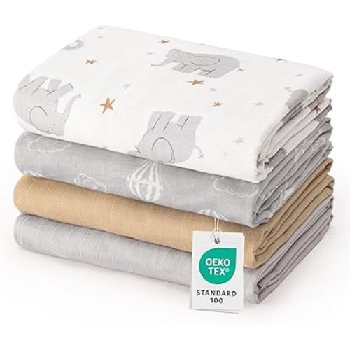 david's kids Muslin Swaddle Blankets, 4 Pack Organic Cotton Baby Blankets, Breathable Soft Receiving Blanket for Boys Girls, Newborn Essentials, Large 47 x 47 inches, Elephant