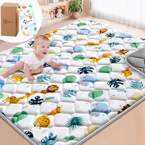 PLUUSHUU Baby Play Mats for Floor, 71x59 Playpen Mat for Babies, Extra Thicker & Soft Floor Crawling Mat, Foldable Non-Slip Playmat Cushioned for Infants Toddlers, Cute Animal Design
