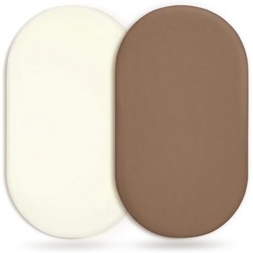 Stretchy Ultra Soft Fitted Bassinet Sheet 2 Pack, Universal Fit for Bassinets Baby Cradle Moses Basket Oval Rectangle Mattress Safe and Snug, Jersey Bassinet Sheets for Baby, Cream & Brown