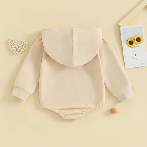 Newborn Baby Boy Girl Hooded Romper Long Sleeve Front Pocket Solid Color Hoodie Bodysuit Fall Winter Outfit