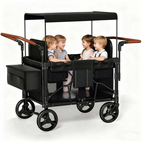 Vipsafe Foldable Wagon Stroller for 4 Kids, Multifunctional Wagon with Detachable Canopy, Adjustable Handlebars, Removable Seats, and Easy Storage