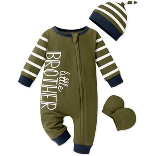 Qetobolly Baby Boy Clothes Newborn Baby Romper Long Sleeve Stripe Jumpsuit with Hat and Gloves Newborn Boy Outfits