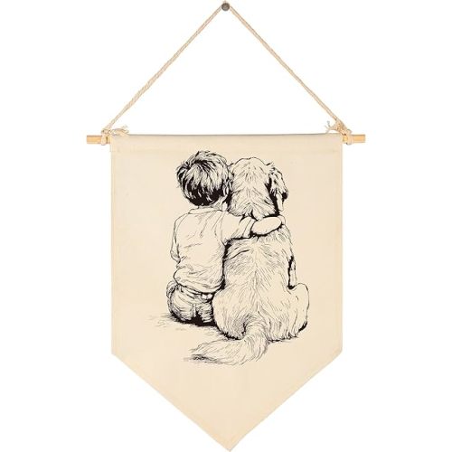 Dog Drawing-Canvas Banner Flag Pennant Poster Sign Wall Decor Gift for Baby Boy Kid Nursery Baby Room Bedroom Playroom Front Door Farmhouse Country-Birthday Christmas Gift-Boy and Goldendoodle