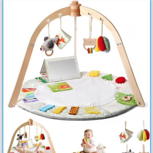 Wooden Baby Play Gym & Tummy Time Playmat – Montessori Sensory Activity Mat with 6 Developmental Toys for Fine Motor Skills – for Newborns to Toddlers (0–12M+)