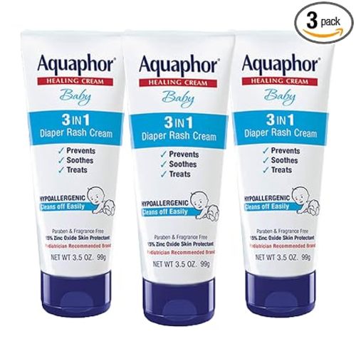 Aquaphor Baby Diaper Rash Cream with Zinc Oxide, Multipack, 3 x 3.5 OZ | Zinc Oxide Baby Diaper Rash Cream, Relief, Treatment and Prevention, Hypoallergenic, Talc Free, Paraben and Fragrance Free