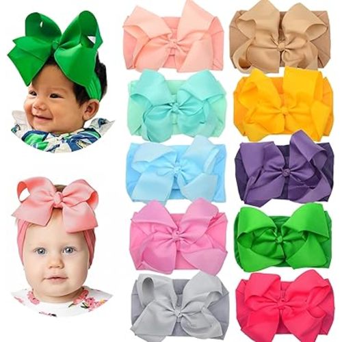 6" Baby Headband Bows, Soft Nylon Hairbands Cute Big Bow Super Elastic Headband for Baby Girls Newborn Infant Toddlers (Green 10Colors)
