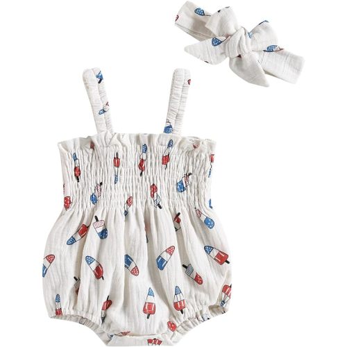 Amnnchya Baby Girl 4th of July Outfit Ice Cream Sleeveless Fourth of July Romper Newborn Independence Day Clothes