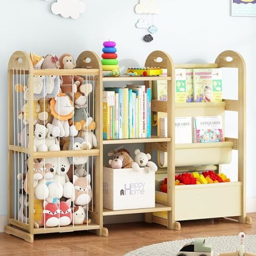 Kids Bookshelf and Toy Storage Organizer, 3-Tier Book Shelf with Stuffed Animal Storage, Kids Toy Book Storage for Bedroom Playroom, Wooden Toy Organizer with 3 Shelves, 49.4" W