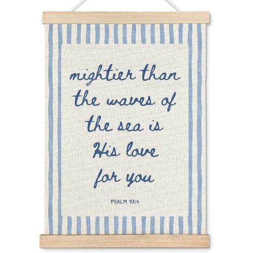 Cquwb Blue Coastal Christian Nursery Wall Art Decor, Psalm 93:4 Mightier Than the Waves Bible Verse Canvas Poster Wall Decoration for Kids Boy Girl Room Bedroom, 12x16 in