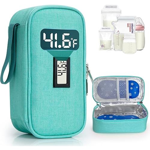 Breast Milk Cooler Travel Bag, Real-Time Temperature Display, Holds 4-6 Breastmilk Storage Bag with 2 Breast Milk Ice Pack, Cooling & Waterproof Portable Cooler for Moms on the Go (Light Green)