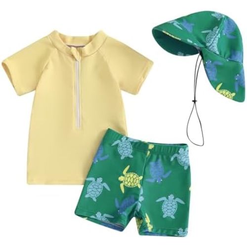 DuAnyozu Baby Boys Swimsuit Long Sleeve Rash Guard Swimwear Baby Boy Swim Trunk with Hat Set 3-Piece Toddler Bathing Suit