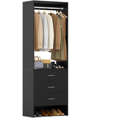 Aheaplus 1.8FT Closet System with 3 Drawers, 21.5’’ Closet Organizer, Black | 3 Wooden Drawers Walk-in Closet or Small Closets Wardrobe, Clothes Rack with Hanging Rods