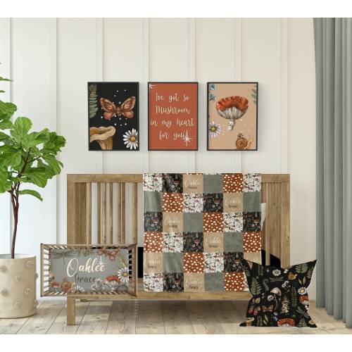 Mushroom Nursery Bedding – Woodland Baby Crib Set, Baby Blanket and Nursery Decor, Moody Baby Shower Gift