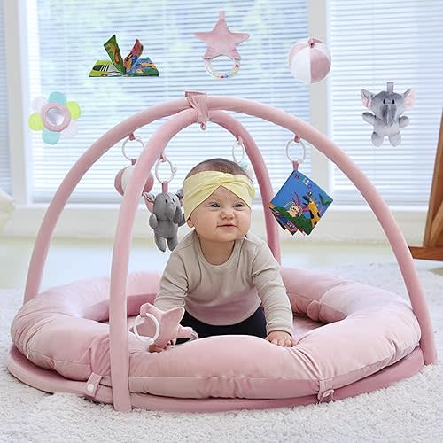 Hiseeme 5-in-1 Baby Play Gym Mat, Thick Baby Activity Gym for 0-6 Months, Tummy Time Mat with 5 Sensory Toys for Newborn Development, Baby Playmats for Infant with Non-Slip Foam Padding (Pink)