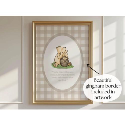 Classic Winnie the Pooh Nursery Quotes Art: Gingham TAN (Print, Framed or Canvas)