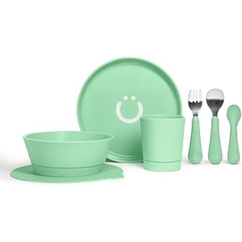 Ubbi Toddler Feeding Set, 7-Piece, Plate, Bowl, Cup + Baby & Toddler Stainless Steel Utensils, Interchangeable Suction Base, BPA-Free Dishwasher Safe, Self-Feeding for Baby-Led Weaning, Green