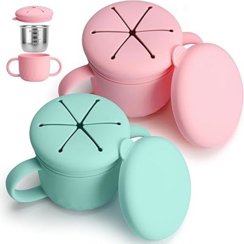 Snack Cups for Toddlers Spill Proof, Stainless Steel Snack Containers for Kids, Reusable Toddler Snack Containers with Lid & Handle, Baby Snack Cups, Dishwasher Safe 2 Pack
