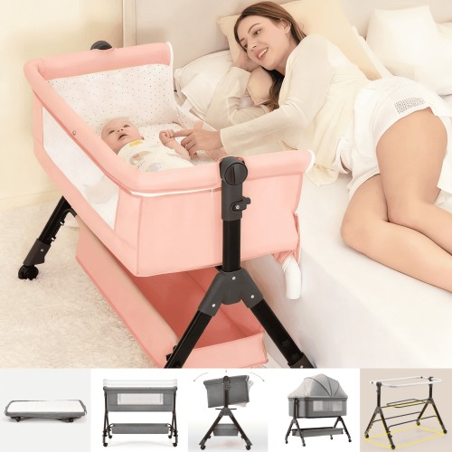 5-in-1 Baby Bedside Bassinet, Portable Rocking Crib ,Lightweight Sleeper with Easy Fold , for Babies & Toddlers (Pink)