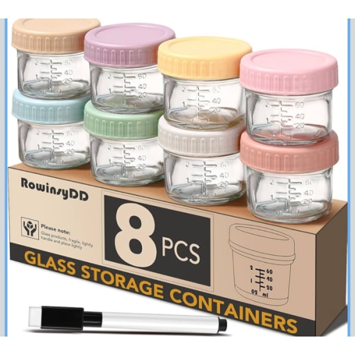 RowinsyDD 8 Pack Glass Baby Food Storage Containers, 4 oz Leakproof Baby Food Jars with Lids, Small Glass Food Containers for Infant Baby, Freezer Safe