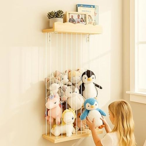 Adjustable Stuffed Animal Storage with Shelf (Patented) - Large Wooden Hanging Plush Toy Organizer - Corner Stuffy Animals Hammock Net Holder for Kids Room, Nursery, Bedroom