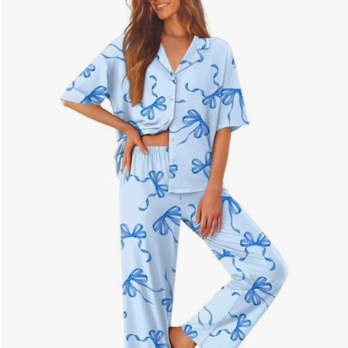 Ekouaer Women Pajamas Set Button Down Sleepwear Short Sleeve Pjs Soft Comfy Nightwear with Long Pants S-XXL