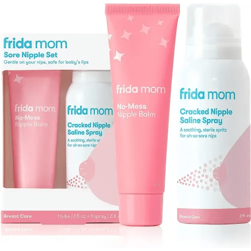 Frida Mom Sore Nipple Set | Cracked Nipple Saline Spray, No-Mess Cream | 2 Piece Set | Breastfeeding Set for New Moms