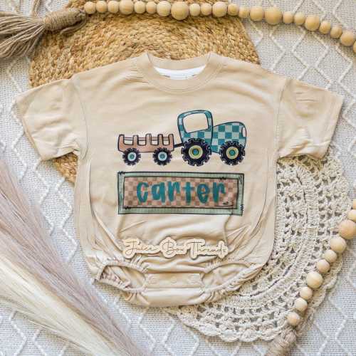 Tractor Name Boy Bubble Romper Bodysuit, Personalized Tractor and Trailer Tee, Custom Kid's Farmer Baggy Romper, Country Tee, CPSC Compliant