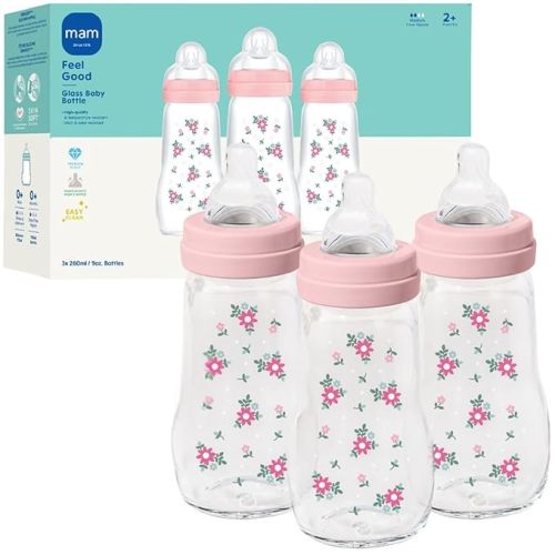 MAM Premium Glass Baby Bottles, Easy Switch Between Breast and Bottle, Feel Good Medium Flow, Newborn Essentials Must Have, 2+ Months, BPA Free, 9oz, Girl, 3 Pack