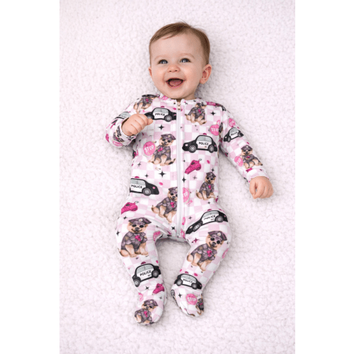 Bamboo Zipper Footie, Pink Police