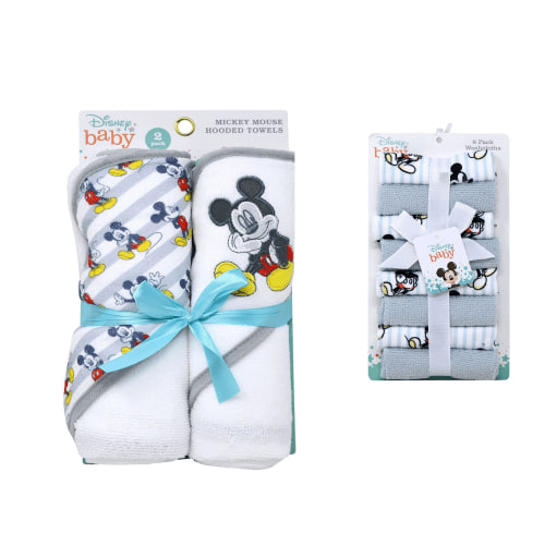 Disney Baby Mickey Mouse 2-Pack Hooded Towels Set & Mickey Mouse 8pk Washcloths, Washcloths & Hooded Towels Bundle, White/Multi