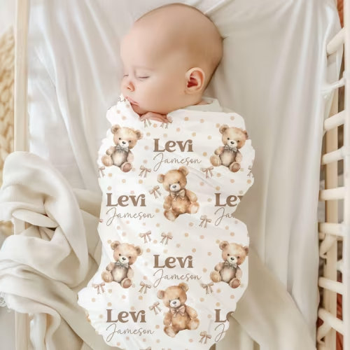 Personalized Swaddle/Hat Set - Teddy Bear