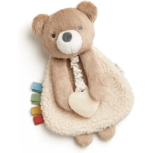 Itzy Ritzy - Itzy Lovey Including Teether - Baby Lovey with Teether, Textured Ribbons & Dangle Arms - Features Crinkle Sound, Sherpa Fabric and Minky Plush (Bear)