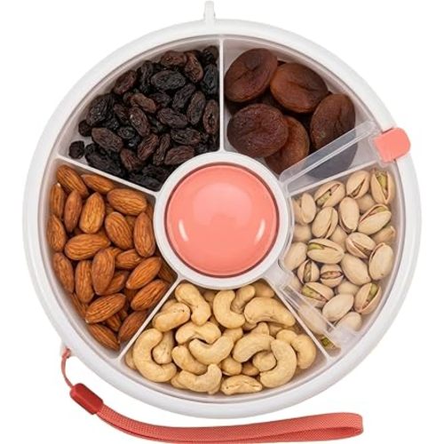 Proudy Portable Snack Spinner Bundle, Food Storage Container, Spinner Box with Rotating Storage, Reusable Snack Container with 5 Compartment Dispenser and Lid, Spinner Box (Pink 1)