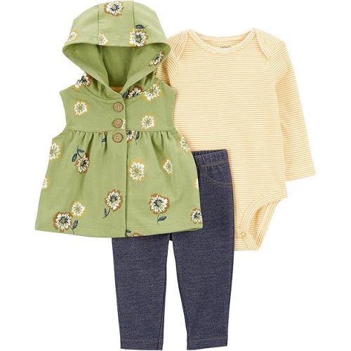 Carter's Baby Girls' 3 Piece Vest Little Jacket Set (Green/Yellow/Navy Floral, 3 Months)