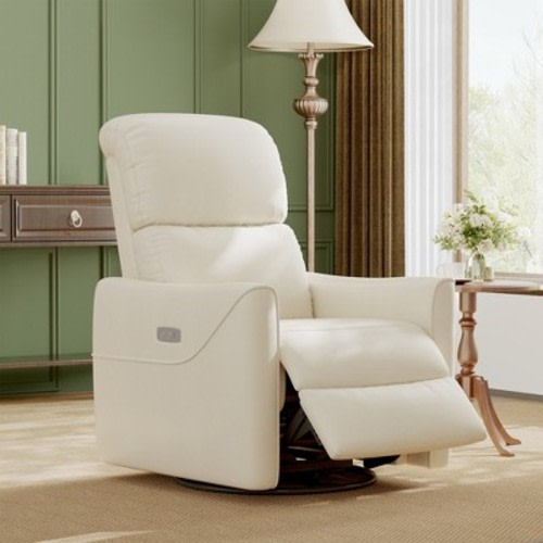 Power Recliner Chair Swivel Glider Upholstered Faux Leather Nursery Rocker Reclining Sofa Chair with Charging Port, Curved Armrests & Padded Backrest