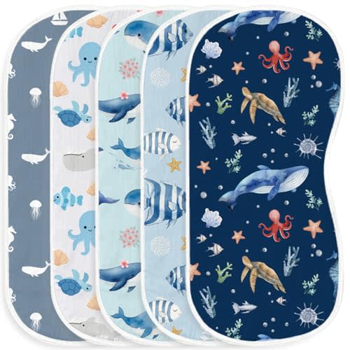 5-Pack Baby Burp Cloths for Boys,100% Muslin Cotton Super Absorbent Burping Rags, Ultra Soft Large Washcloths with Whale & Seahorse Ocean Prints, Newborn Essentials Gift Set