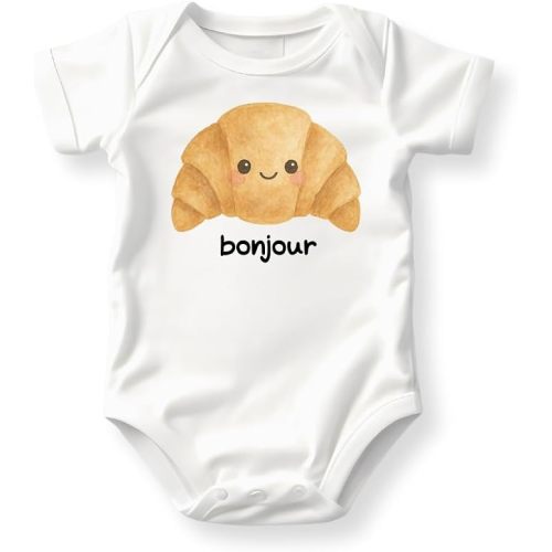 Bonjour Baby Bodysuit, Croissant Graphic Tee for Children, Croissant Tshirt for Kids Toddler Baby Gift