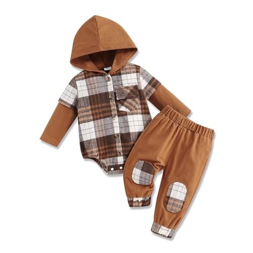 Fuermos Newborn Baby Boy Clothes Plaid Button Long Sleeve Hoodie Romper+ Mama's Boy Pants Fall Winter Outfits Set