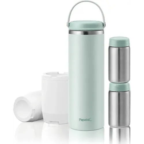 Papablic Innovative 360° CapsuleChill Breastmilk Cooler for 36H Safe Storage, 20oz Stress-Free Portable Breast Milk Chiller with 2pcs Stainless Steel Baby Bottles for Work & Travel, Mint Green
