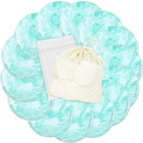 wegreeco Nursing Breast Pads (14 Pack) + Laundry Bag & Travel Storage Bag, 4.7 inch - Washable & Reusable Breastfeeding Nursing Pads (Plain Shape, Blue Wave, Large)