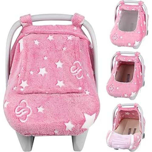 Car Seat Cover Baby Girls Boys Winter, Soft Flannel Infant Carseat Cover with 2 Zipper Windows, Star Carrier Cover Canopy Glow in The Dark, Comfortable & Machine Washable, Hot Pink