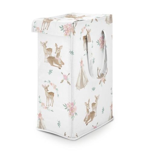 Sweet Jojo Designs Girl Foldable Laundry Hamper with Handles Deer Floral White Taupe and Pink