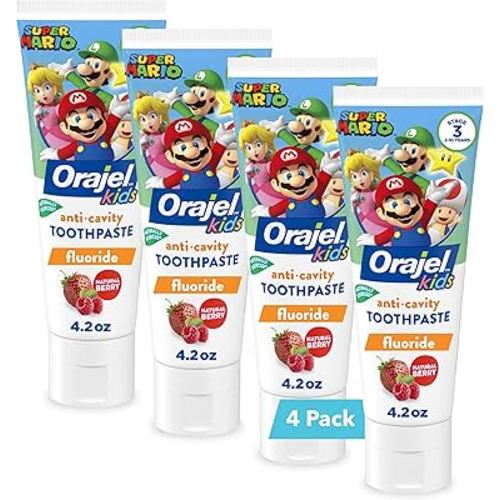Orajel Kids Super Mario Anti-Cavity Fluoride Toothpaste, Natural Berry Flavor, 4.2oz Tube, 4-Pack
