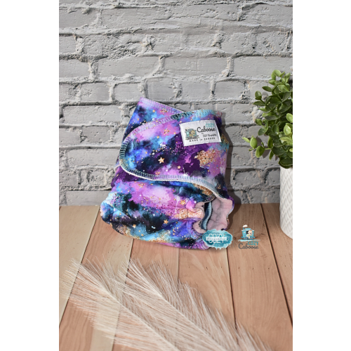 "Cosmic Nebula" Cozy Caboose Snapless Fitted Cloth Diaper • 3 Piece System • Fold Down Rise • Cotton Spandex Outer, Organic Cotton Velour Inner, Hemp Core