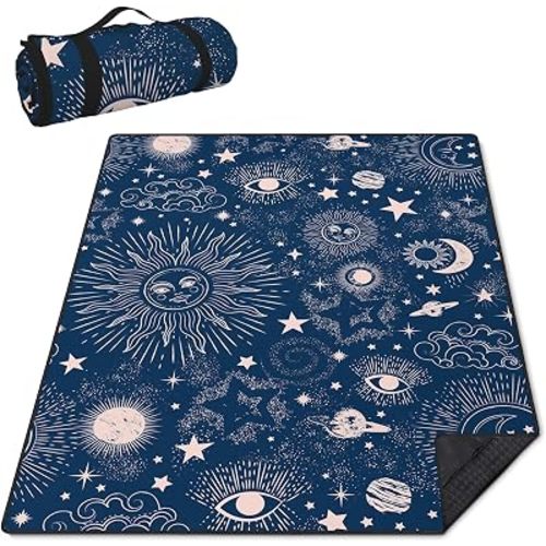 Gothic Picnic Blankets Waterproof Foldable,80″X80″ Sun and Moon Thick Picnic Mat Outdoor Blanket for Grass,Blue Large Beach Blanket Sandproof Picnic Accessories for Camping Picnic Party Park