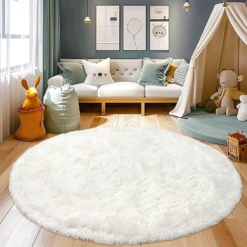 LOVEVOOK Round 6 Feet Fluffy Area Rug - Super Soft Circle Rugs for Kids Room - Cream White Shaggy Rugs for Nursery Fuzzy Carpet for Boys Girls Room