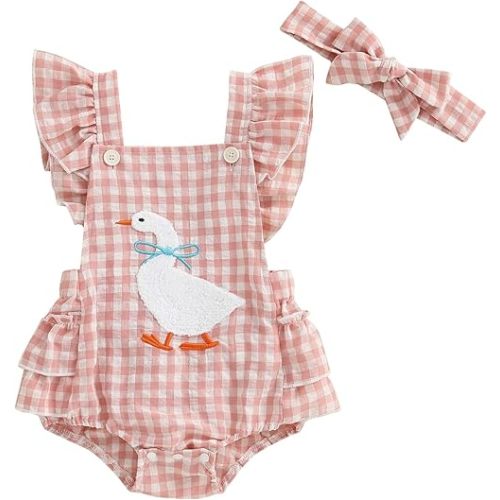 Baby Girl Western Outfit Goose Embroidery Plaid Ruffle Sleeveless Bubble Romper Bodysuit Newborn Farm Clothes Headband