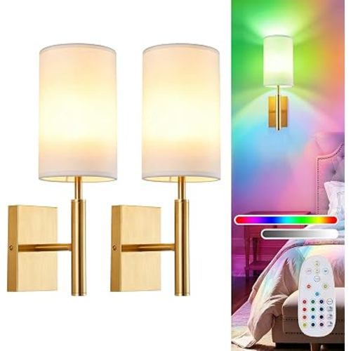 Battery Operated Wall Sconces 2 Pack Gold Rechargeable Dimmable with Remote